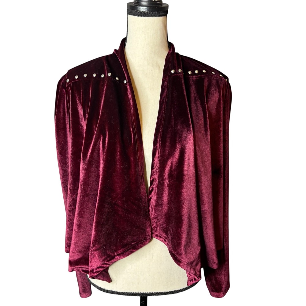 Rockin C Velvet Studded Western Style Burgundy Open Front Jacket Medium